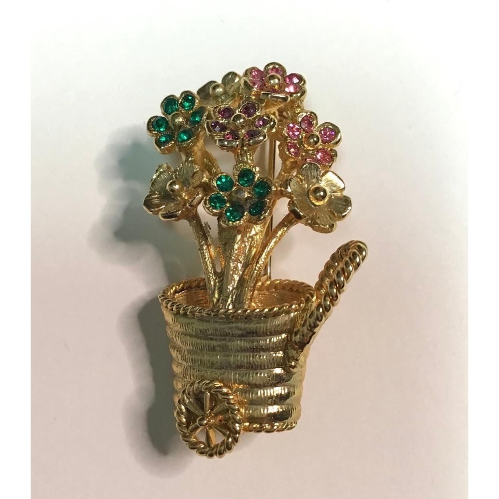 Vintage Gold Tone Flower Basket Brooch Rhinestone Summer Garden Wheelbarrow‎ Pin